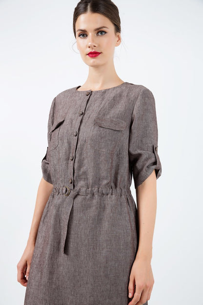 Straight Brown Linen Dress With Belt Detail