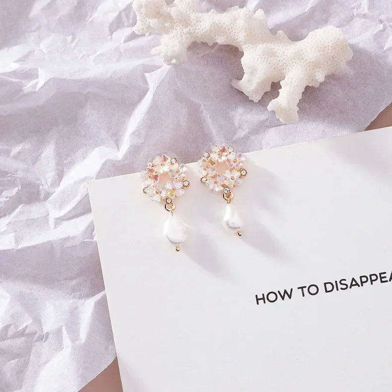 Korean Jewelry Fresh Cute Hook Drop Oil Flower Stud Earrings Crystal Earring for Women