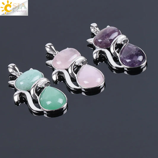CSJA Chakra Natural Stone Pendant Cute Cat Pendants Suspension for Girl Green Aventurine Pink Crystal Cat Wisiorek Jewelry F072