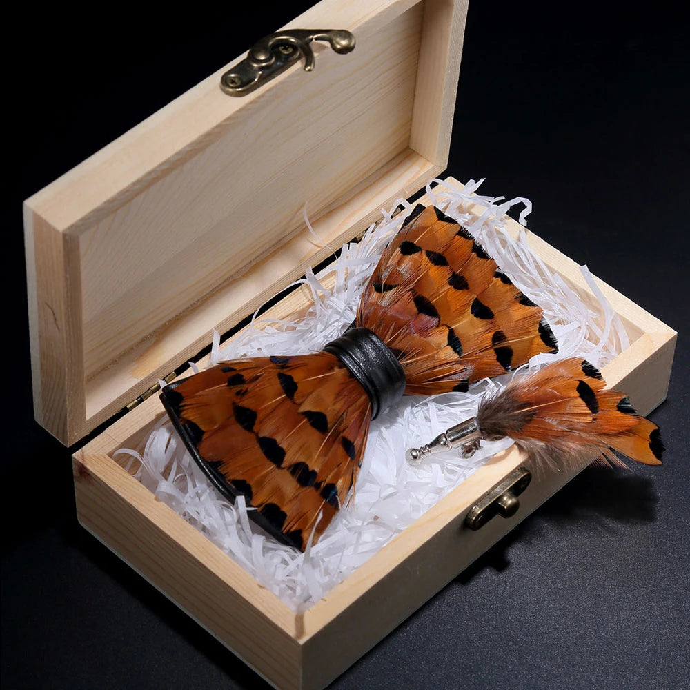 KAMBERFT Design Handmade Feather Bow Tie Brooch Wooden Box Set High Quality Men's Bowtie Leather Tie for Wedding Party Banquet