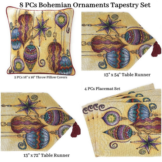 DaDa Bedding Set of 8 Pieces Bohemian Ornaments Table Tapestry - 4 Placemats, 2 Table Runners, 2 Throw Pillow Covers (14