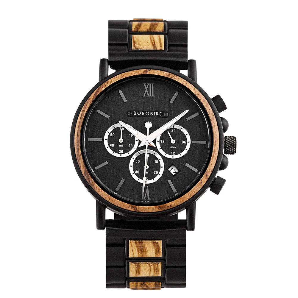 BOBO BIRD Luxury Wood Stainless Steel Men Watch Stylish Wooden Timepieces Chronograph Quartz Watches Relogio Masculino Man
