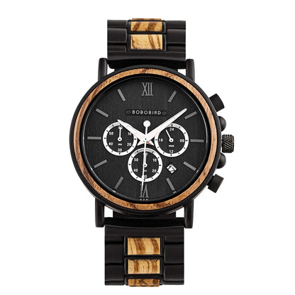 BOBO BIRD P09 Wood and Stainless Steel Watches Mens Chronograph Wristwatches Luminous Hands Stop Clock