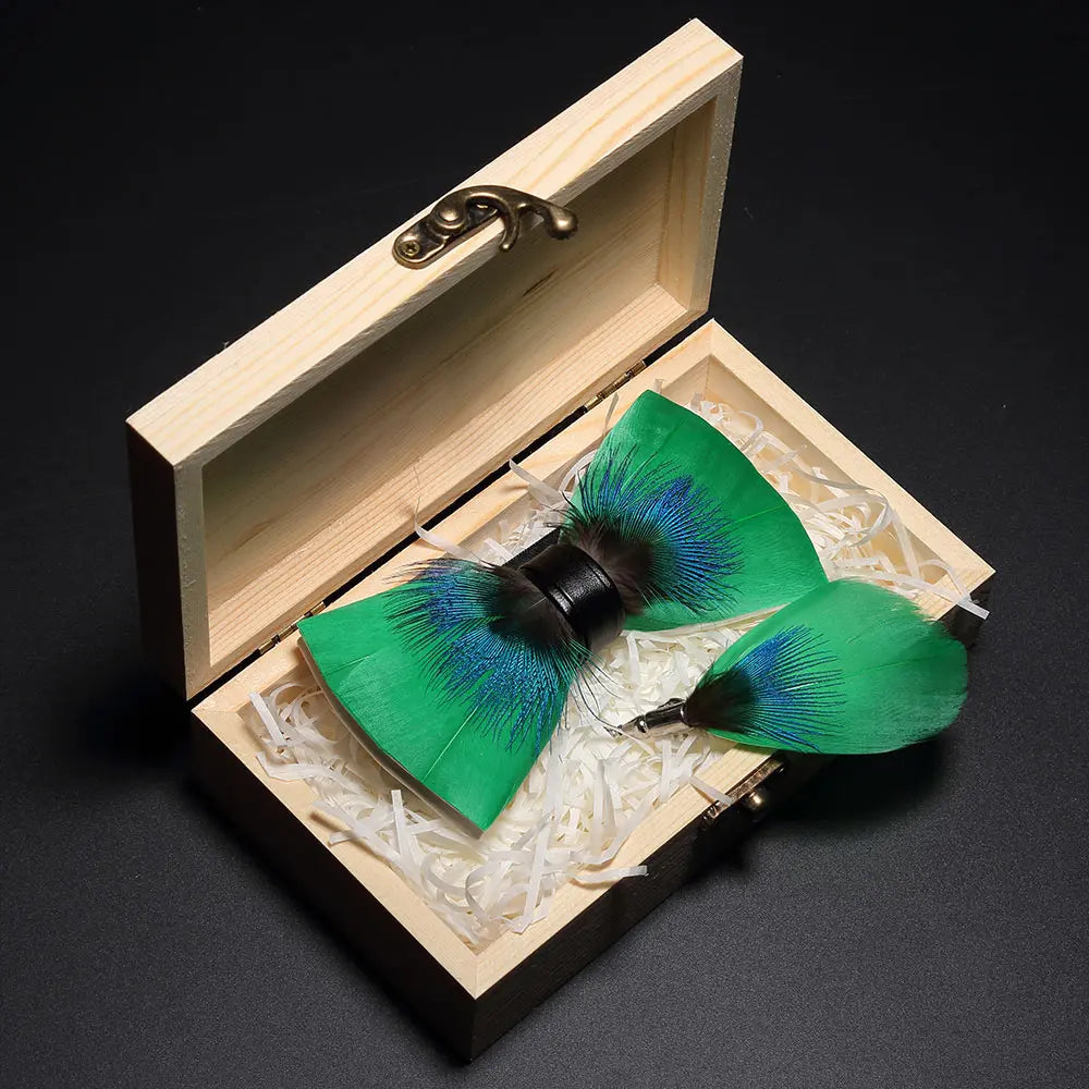 KAMBERFT Design Handmade Feather Bow Tie Brooch Wooden Box Set High Quality Men's Bowtie Leather Tie for Wedding Party Banquet