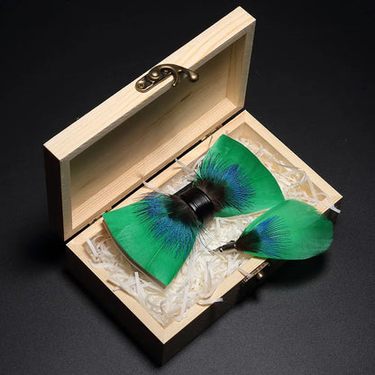 KAMBERFT Design Handmade Feather Bow Tie Brooch Wooden Box Set High Quality Men's Bowtie Leather Tie for Wedding Party Banquet