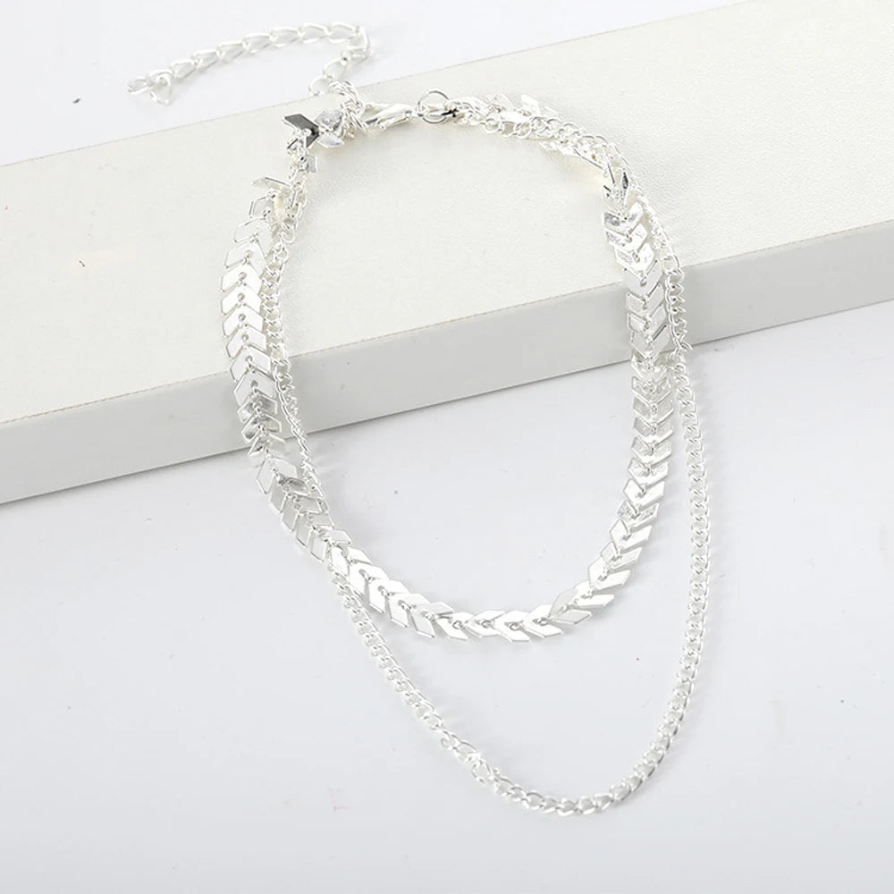 2024 New Chain Choker Two Layers Necklaces Fishbone Airplane Shape Gold Color Necklace Flat Chain Jewelry