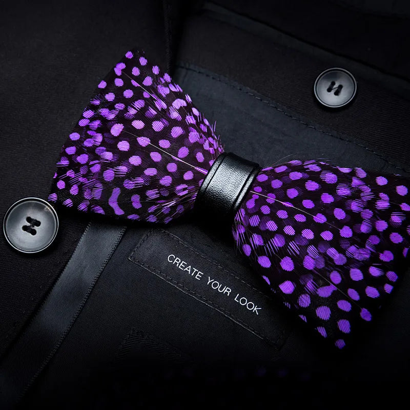 KAMBERFT Designer Brand Handmade Feather and Leather Pre-Tied Bow Tie and Brooch Sets for Men Wedding Party Best Cravate