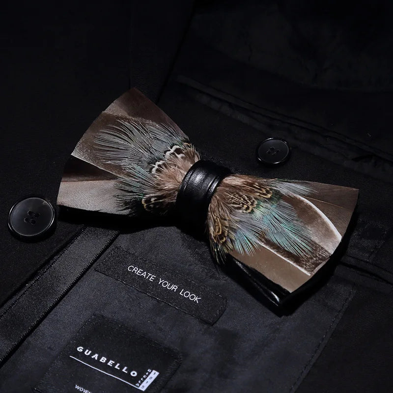 KAMBERFT Designer Brand Handmade Feather and Leather Pre-Tied Bow Tie and Brooch Sets for Men Wedding Party Best Cravate