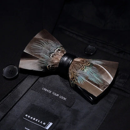 KAMBERFT Designer Brand Handmade Feather and Leather Pre-Tied Bow Tie and Brooch Sets for Men Wedding Party Best Cravate