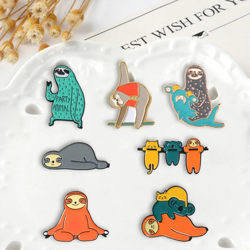 Funny Sloth Series Badges Brooches Cute Nickname Flash Denim Enamel Lapel Pins for Kids Fans Friends Jewelry