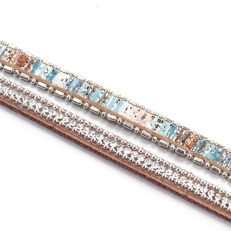 ALLYES Women Leather Bracelet Czech Crystal Vintage Boho Multiple Layered Bohemian Double Wrap Bracelet Femme Jewelry