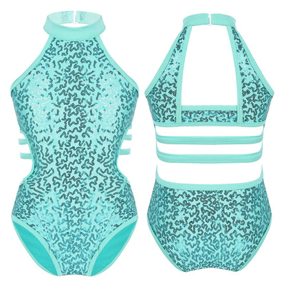 Kids Girls Gymnastics Leotards Child Sparkly Sequins Dancewear Sleeveless