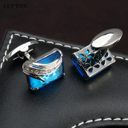 Low-Key Luxury Blue Glass Cufflinks for Mens Lepton Brand High Quality Square Crystal Cufflinks Shirt Cuff Links Relojes Gemelos