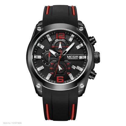 Megir Men's Chronograph Analog Quartz Watch With Date, Luminous Hands, Waterproof Silicone Rubber Strap Wristswatch for Man
