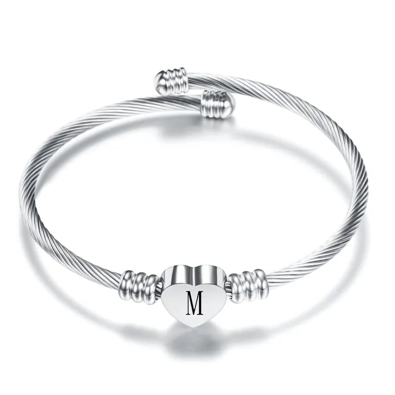 Heart Charm Bangle With Initial Alphabet Letter Engrave High Quality Women Jewelry Cuff Bangles Party