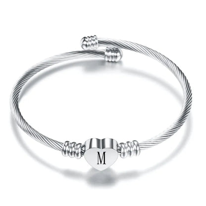 Heart Charm Bangle With Initial Alphabet Letter Engrave High Quality Women Jewelry Cuff Bangles Party