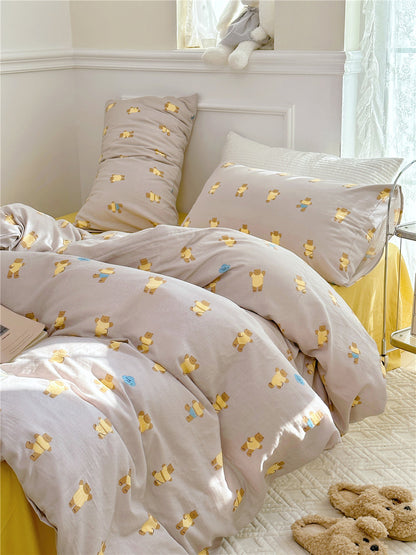 Double Layer Cotton Bedding Set Infant Class Softness Floral Design Duvet Cover Bed Sheet Pillowcases 4 Pieces Bedding Set