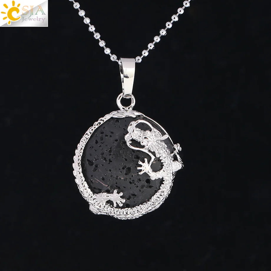 CSJA Necklaces Dragon Pendants Women Natural Stone Purple Crystal Pink Quartz Tiger Eye Lava Rock Flat Round Beads Fittings F304