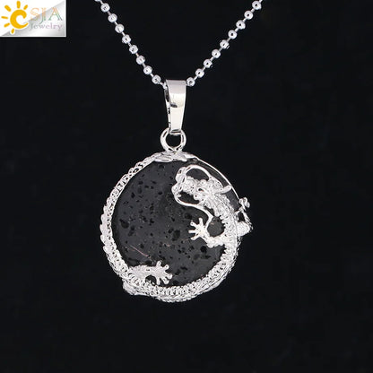CSJA Necklaces Dragon Pendants Women Natural Stone Purple Crystal Pink Quartz Tiger Eye Lava Rock Flat Round Beads Fittings F304