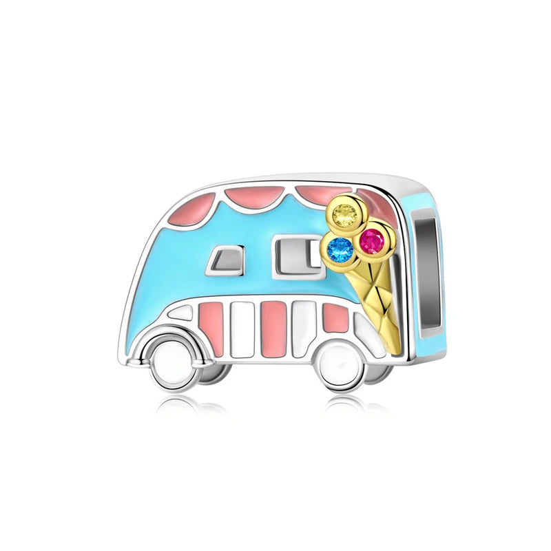 BISAER 925 Sterling Silver Blue Travel Suitcase Charm Pink Car Pendant Family House Home Beads Fit Women Bracelet DIY Jewelry