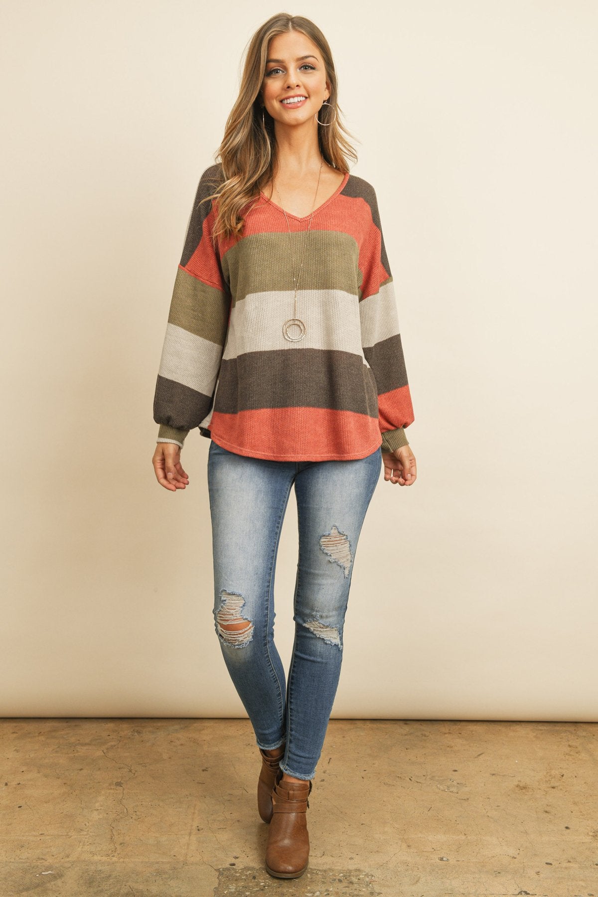 Rib Multicolor Stripes V-Neck Puff Sleeves Top