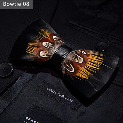 JEMYGINS Bowtie Natural Brid Feather Exquisite Hand Made Men Bow Tie Brooch Pin