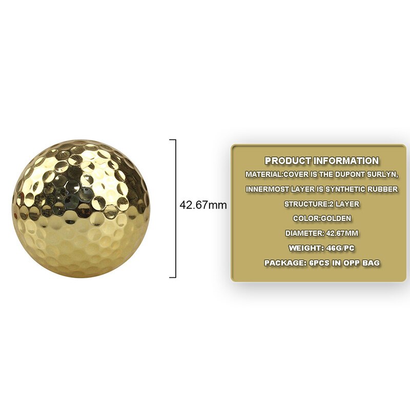 CRESTGOLF 6 Pcs Two Layer Golden Golf Balls Golf Practice Balls Training Two Pieces Balls