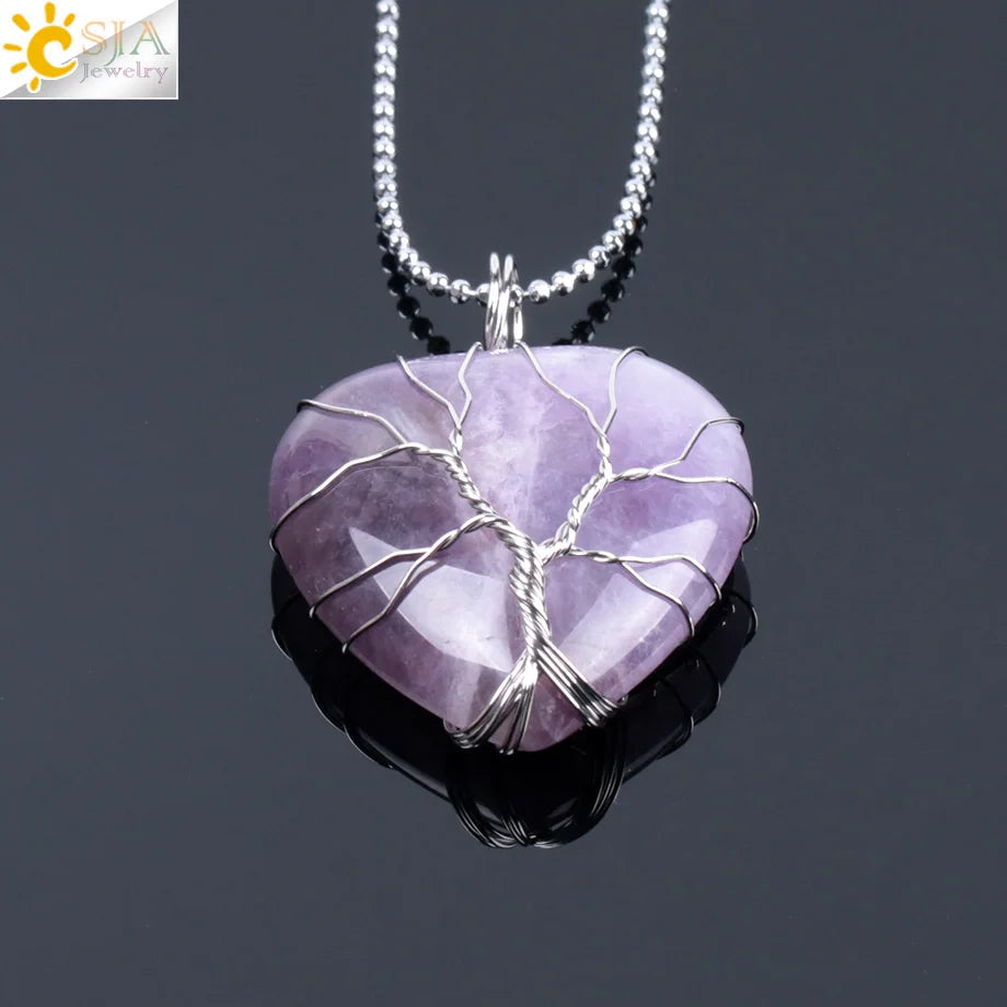 CSJA Tree of Life Wire Wrapped Love Heart Necklace & Pendant Suspension Natural Gem Stone Tiger Eye Pink Quartz Black Onyx F053