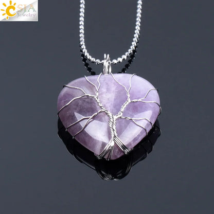CSJA Tree of Life Wire Wrapped Love Heart Necklace & Pendant Suspension Natural Gem Stone Tiger Eye Pink Quartz Black Onyx F053