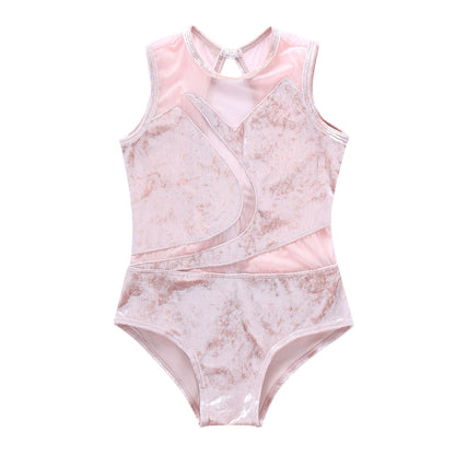 Girls Sleeveless Soft Pleuche Mesh Splice Gymnastics Leotard One-Piece Cutout