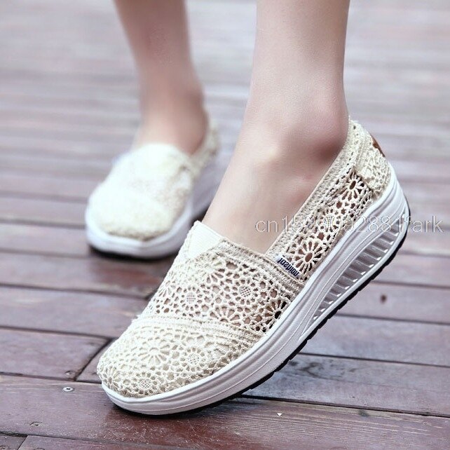 Women Toning Shoes Lace Breathable Swing Shoes Platforms Slip on Casual Shoes Female Slimming Wedge Sneakers