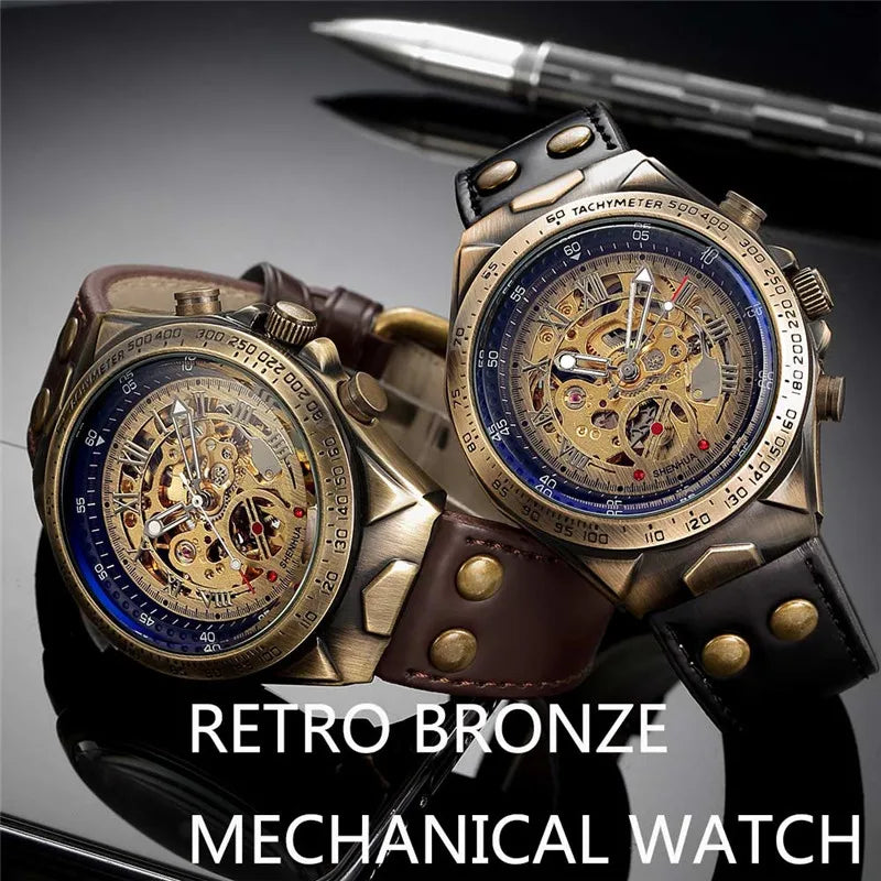 Men Watch Skeleton Automatic Mechanical Male Clock Top Brand Luxury Retro Bronze Sport Military Wristwatch Relogio Masculino