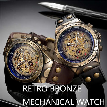 Men Watch Skeleton Automatic Mechanical Male Clock Top Brand Luxury Retro Bronze Sport Military Wristwatch Relogio Masculino