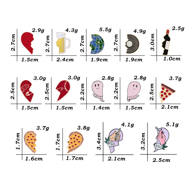 2pcs/Set Creative Brocken Heart Wine Bottle Earth Cup Pizza Enamel Pins BEST BUDS/BOOS Brooch Collar Pin Badges Corsage Jewelry