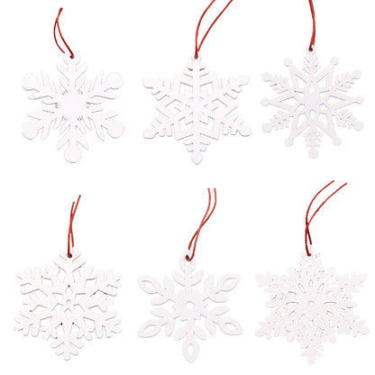 6PCS DIY White&Red Snowflakes Christmas Wooden Pendants Ornaments for Xmas Tree