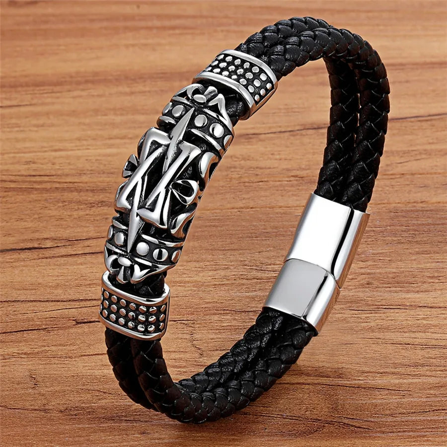 XQNI Punk Style Ancient Architecture Totem Elegant Small Adorn Article Leather Bracelet Double Layer Hand Jewelry