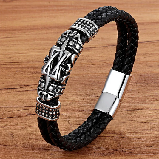 XQNI Punk Style Ancient Architecture Totem Elegant Small Adorn Article Leather Bracelet Double Layer Hand Jewelry