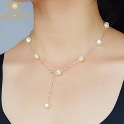 ASHIQI Real Pure 925 Sterling Silver Chain Pendant Necklace for Women 8-9mm White Gray Natural Freshwater Baroque Pearl Jewelry