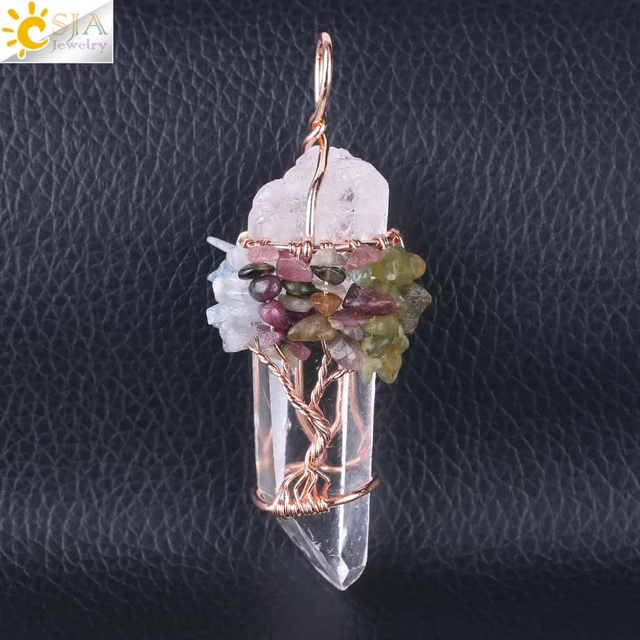 CSJA Natural Stone Rock Crystal Pendant Reiki Chakra Tree of Life Handmade Wire Wrapped Clear Quartz Pendant for Necklace F517