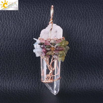CSJA Natural Stone Rock Crystal Pendant Reiki Chakra Tree of Life Handmade Wire Wrapped Clear Quartz Pendant for Necklace F517