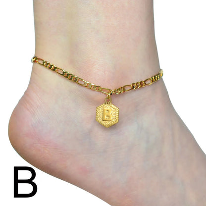 Anniyo 21cm + 10cm Extender Chain / A-Z Initial Letter Anklet for Women Alphabet Jewelry Foot Chain Girl #105906