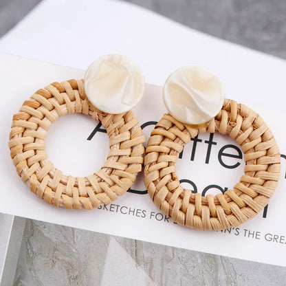 AENSOA Multiple 27 Style Korea Handmade Wooden Straw Weave Rattan Vine Braid Drop Earrings New Geometric Long Earrings