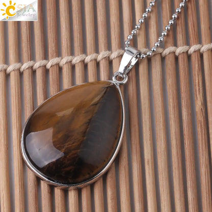 CSJA Natural Stone Pendants  Tiger Eye Pink Quartz Purple Crystal Lapis Necklace Water Drop Flat Bead Women Healing Jewelry F982