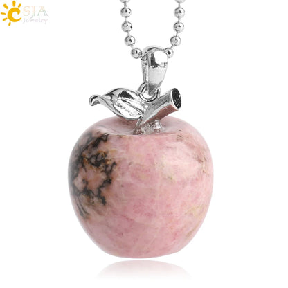 CSJA Apple Natural Stone Pendant Crystal Amethysts Pendants Rose Pink Quartz Necklaces Jewelry for Female Women Chrismtas G046