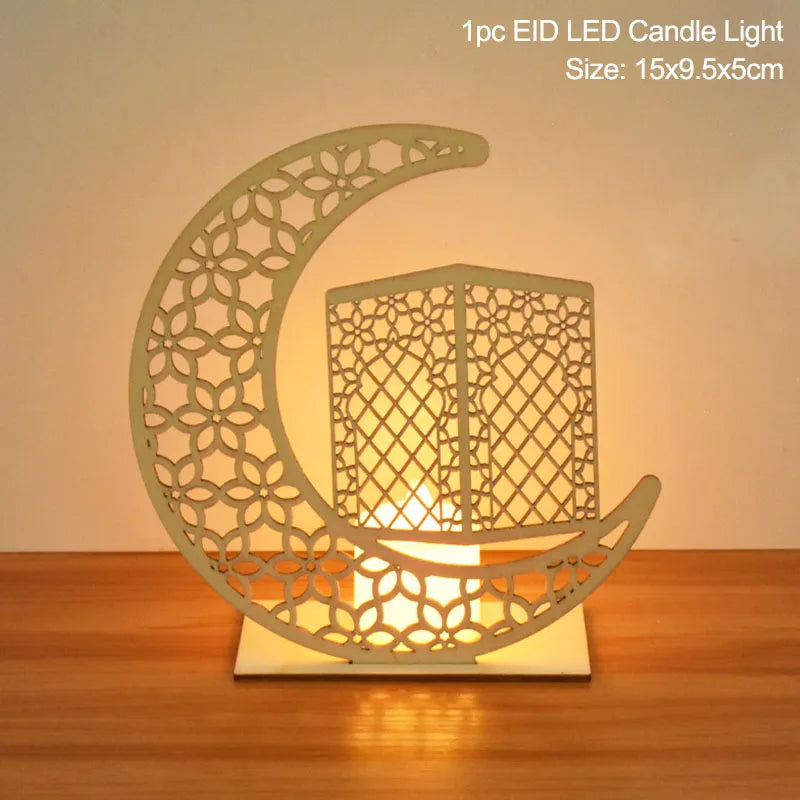 EID Mubarak Wooden Pendant With LED Candles Light Ramadan Decorations for Home Islamic Muslim Party Eid Decor Kareem Ramadan