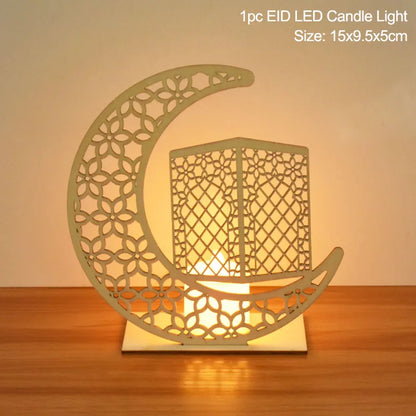 EID Mubarak Wooden Pendant With LED Candles Light Ramadan Decorations for Home Islamic Muslim Party Eid Decor Kareem Ramadan