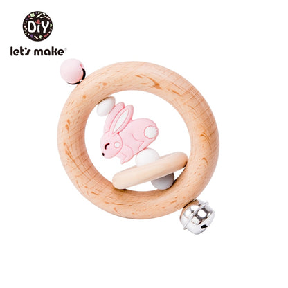 Baby Toys 1pc Silicone Beads Cartoon Rattle Teething Ring of Beech Wood 0-12 Moths Children Christmas Stroller Let's Make