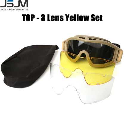 JSJM New Tactical Goggles 3 Lens Windproof Dustproof Safety Protection Motocross Motorcycle Mountaineering Glasses Men UV400