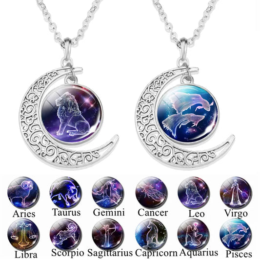 12 Constellation Crescent Moon Necklace Zodiac Sign Glass Jewelry Pendant Aries Gemini Cancer Leo Women Birthday