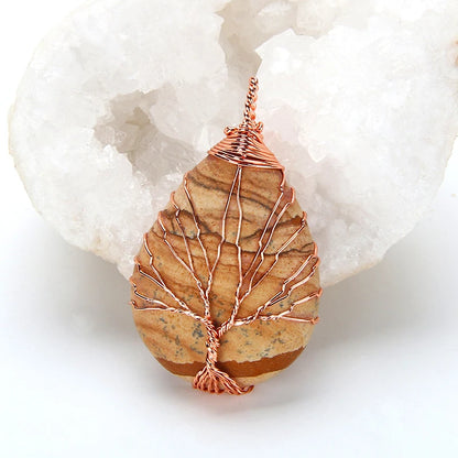 Natural Purple Quartz Opal Stone Pendants Handmade Rose Gold Color Tree of Life Wrapped Drop Shaped Crystal Pendant Necklace